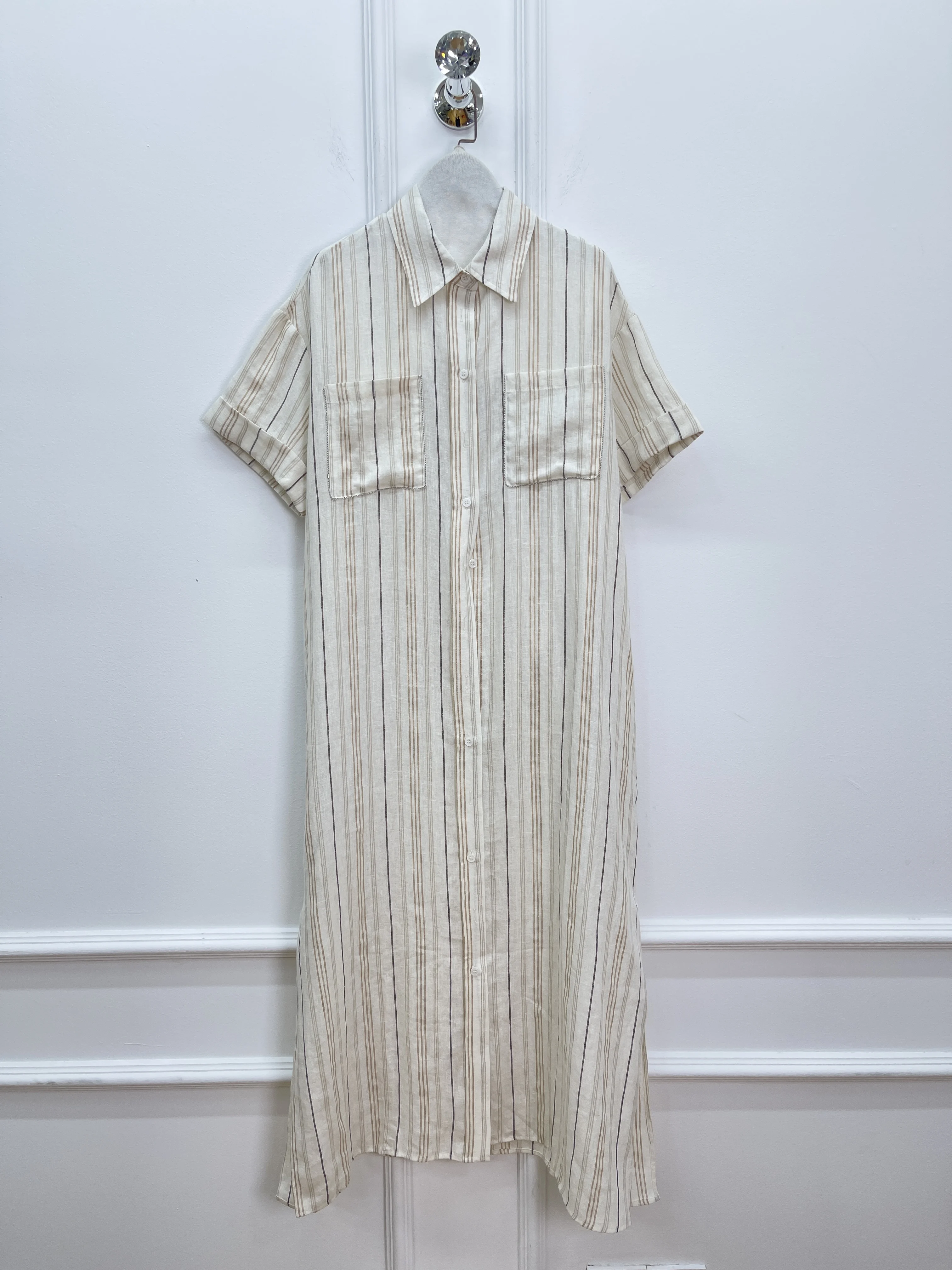 봄과 여름 새로운 고품질 패션 포켓 체인 세로 줄무늬 벨트 셔츠 드레스 여성