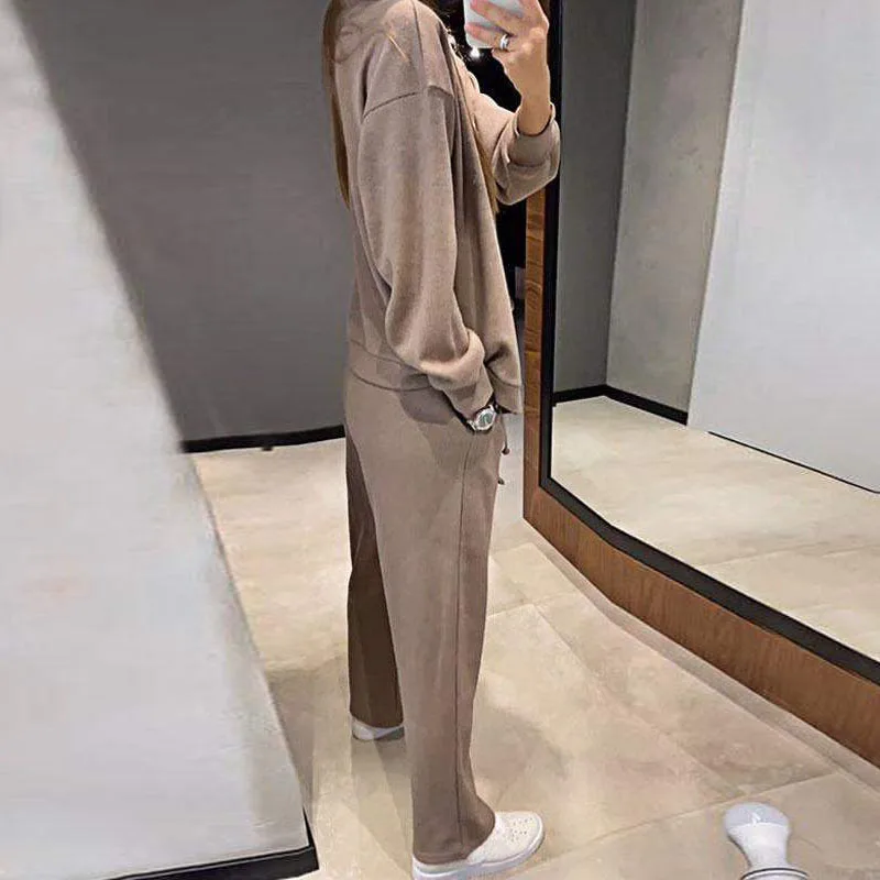 Autumn Winter Casual Solid Color Sporty Sets Lady Fashion Buttons Cardigans Blouse Lace-up Elastic Waist Long Pants Elegant Sets