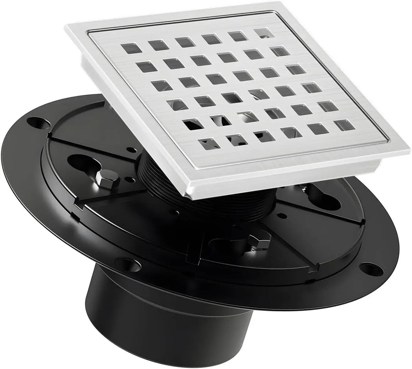 

6-Inch Square Chrome Shower Drain With Removable Quadrato Pattern Grate SUS 304 Stainless Steel Floor Drain Flange