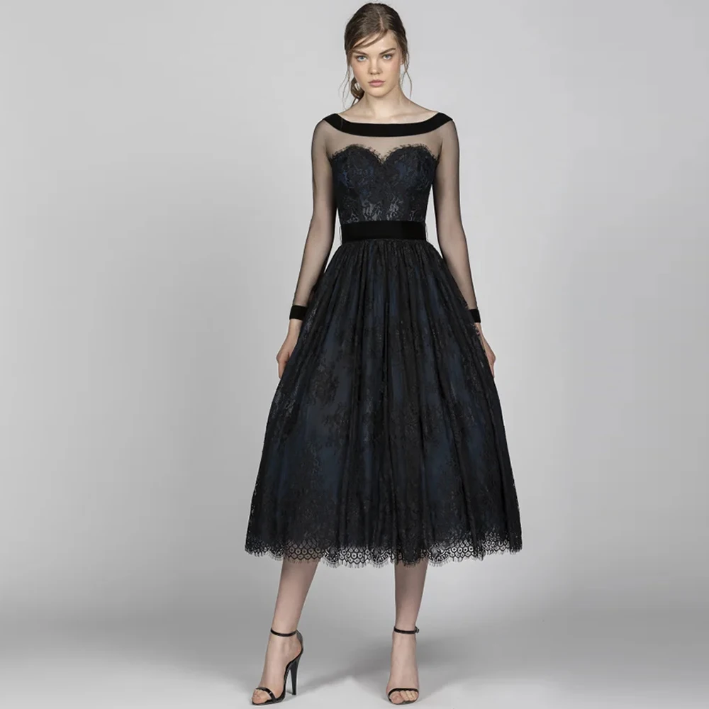 Classic O-Neck Lace Evening Dress Elegant Sashes Customized Celebrity Gowns Delicate See Through Long Sleeves Prom Dresses