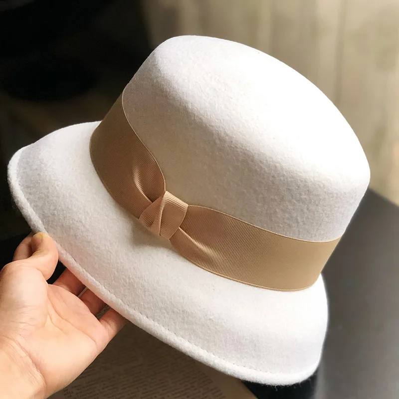 

R043 Lady Woolen Bucket Hat Vintage British Fisherman Hat Wool Fedoras Hat Retro Flat Top Wide Brim Cap Fashion Jazz Hat