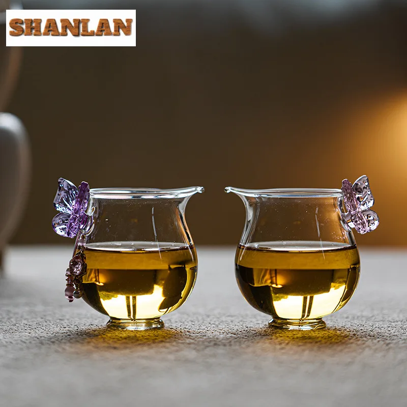 Jarra de té de cristal de mariposa de 130ml, taza de justo de té dividida, dispensador Cha Hai, taza de justicia, taza de justo de té verde, suministros de juego de té chino