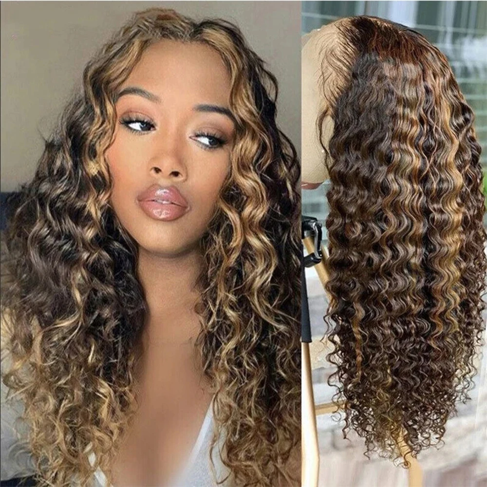 Glueless Wig Highlight Ombre 13x4 Lace Frontal Deep Wave Wig Ready To Wear 4/27 Brown Blonde 7x5 Human Hair Wigs Bleached Knots