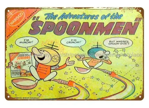 SPOONMEN NABISCO de Comic Ads, tamaño de cuchara, trigo triturado, Juniors, letrero de lata de metal, 1958