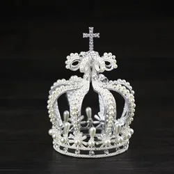 Baroque Cross Crown Party Tiara With Pearl Rhinestone Cake Decoration