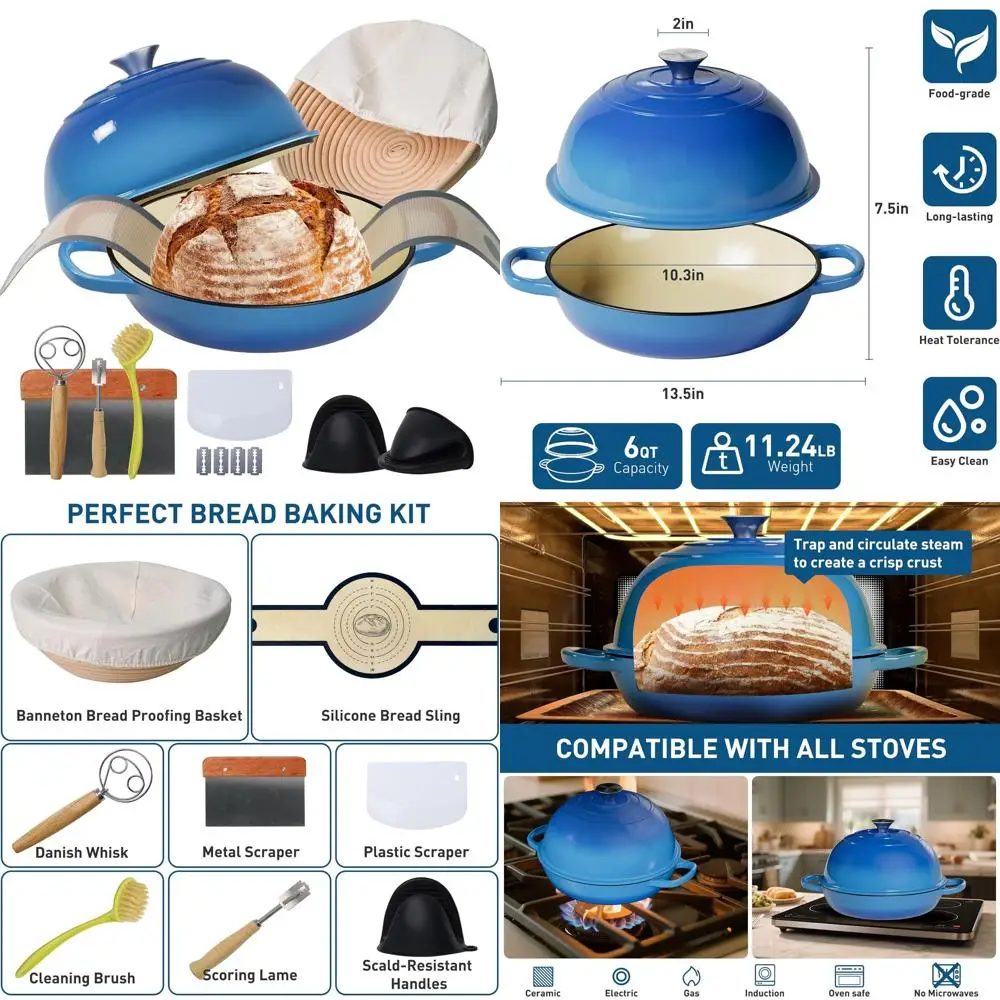 

Чугунная печь для выпечки хлеба на 6 кварт с многофункциональной голландской кастрюлей, корзиной для расстойки, силиконовым слингом и венчиком для теста для выпечки на закваске