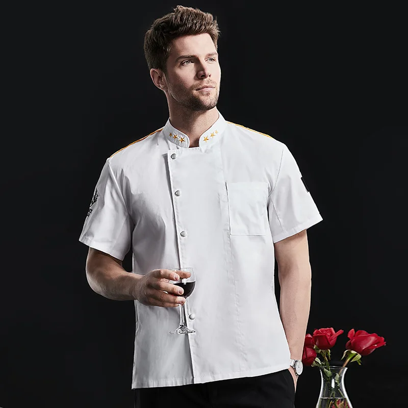 

Chef Workwear Short Sleeve Summer Ice Silk Breathable Thin Western Restaurant Kitchen Men's Printed Embroidered Chef Uniform