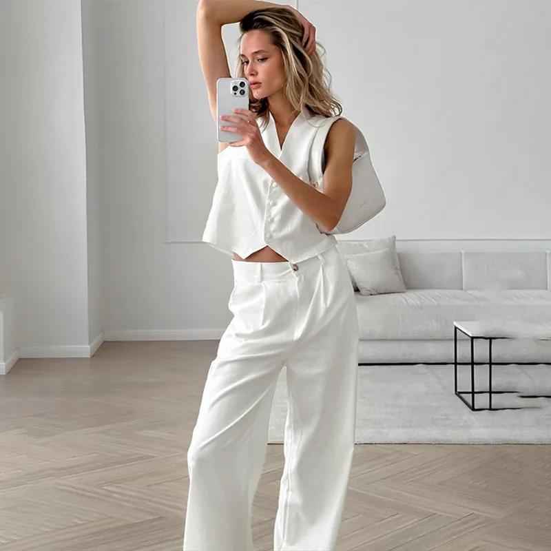 Culotte taille haute blanche pour femme, glaçante décontractée, haut en fibre trempée, pantalon slim, 2 pièces