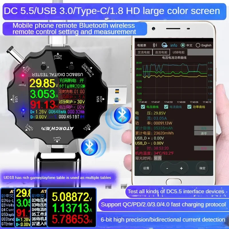 Digital USB Test Meter UD18, DC Voltmeter Ammeter for Mobile Phone Charging Parameter Measurement