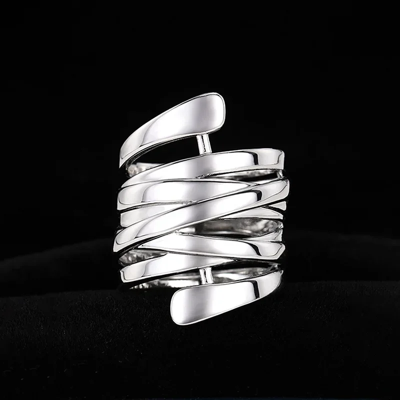 2024 New Korean Style Creative Copper Ring Women's Exaggerated Fashion Smooth Multi Layer Wrapped  Geometric Lines