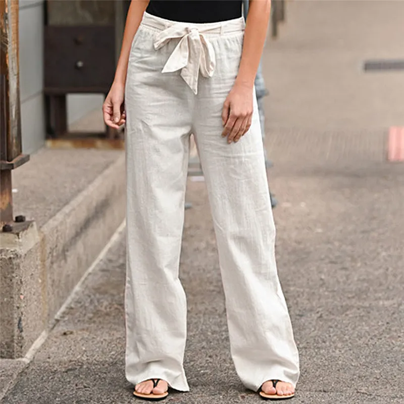 Pantaloni a gamba larga in lino di cotone con lacci alla moda pantaloni dritti a vita alta larghi estivi da donna pantaloni Casual Streetwear solidi retrò