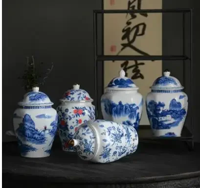 

Blue and White Porcelain Storage Jar Ceramic Ginger Jar Sealed Tea Canister Desk Decoration Jewelry Box Cosmetic Container