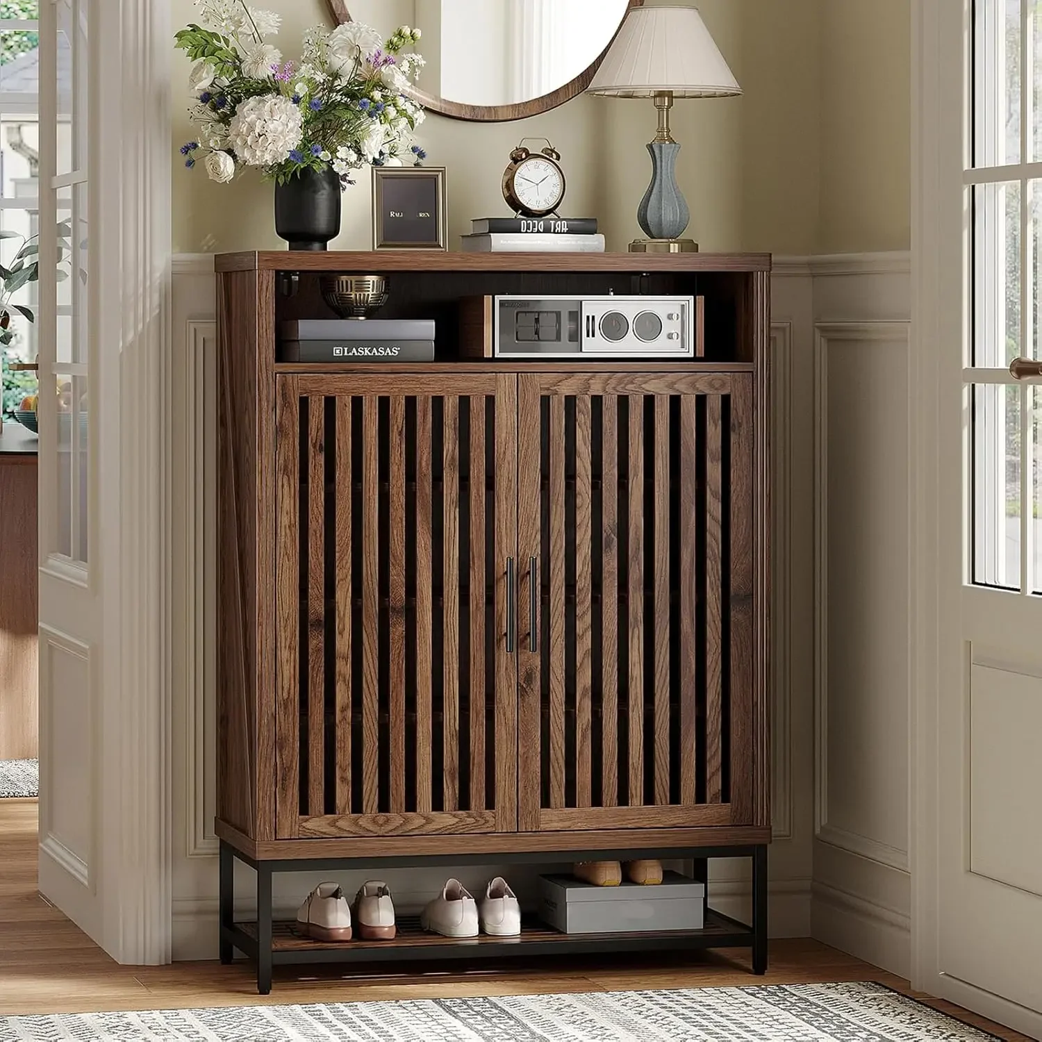 Shoe Cabinet with 2 Ventilated Grille Style Doors, 6-Tier Shoe Storage Cabinet with Adjustable Shelves, Freestanding Shoe