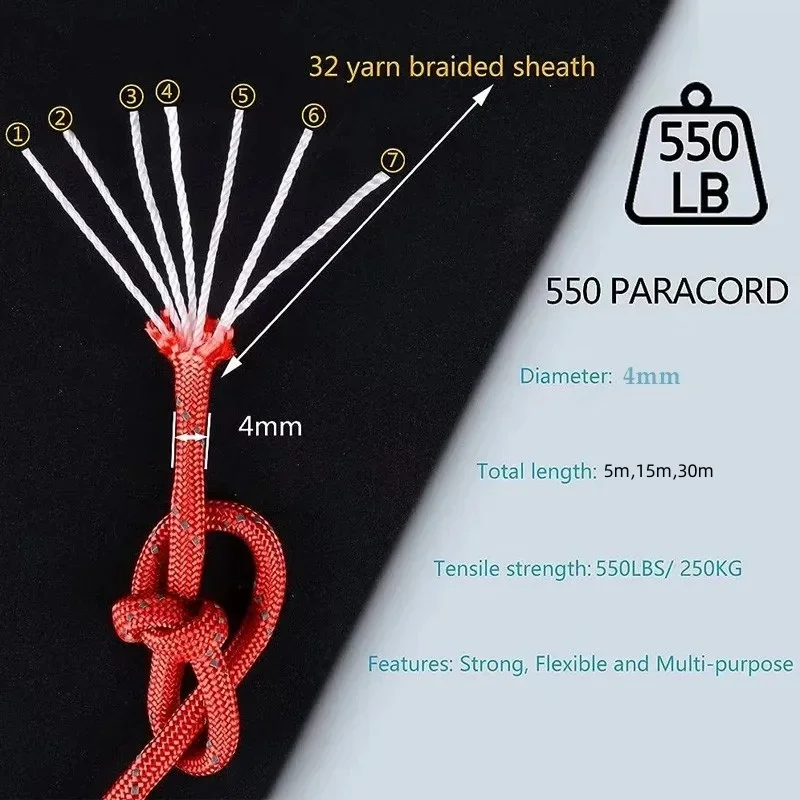 Reflective Paracord 550 Military 7 Strand Rope Tactical Parachute Cord Camping Tent Rope Warning Line Lanyard DIY Bracelet