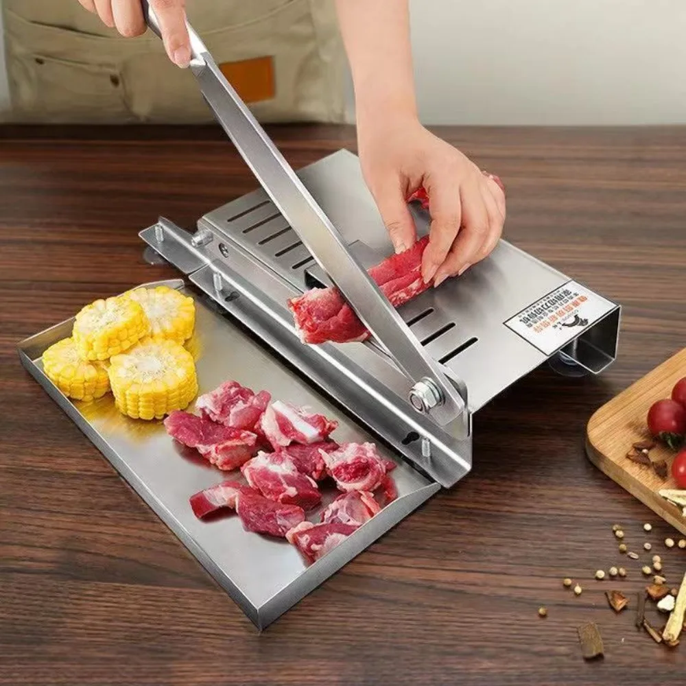 Manual Meat Slicer Stainless Steel with Storage Tray Bone Cutting Machine Rust-proof Thickness Adjustable Mutton Rolls Cutter