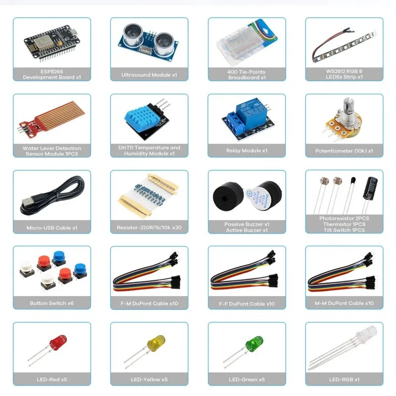 ESP8266 WiFi Development Board IoT Starter Kit for Arduino with Breadboard Sensors LED Buzzer Smart Home Automation Project