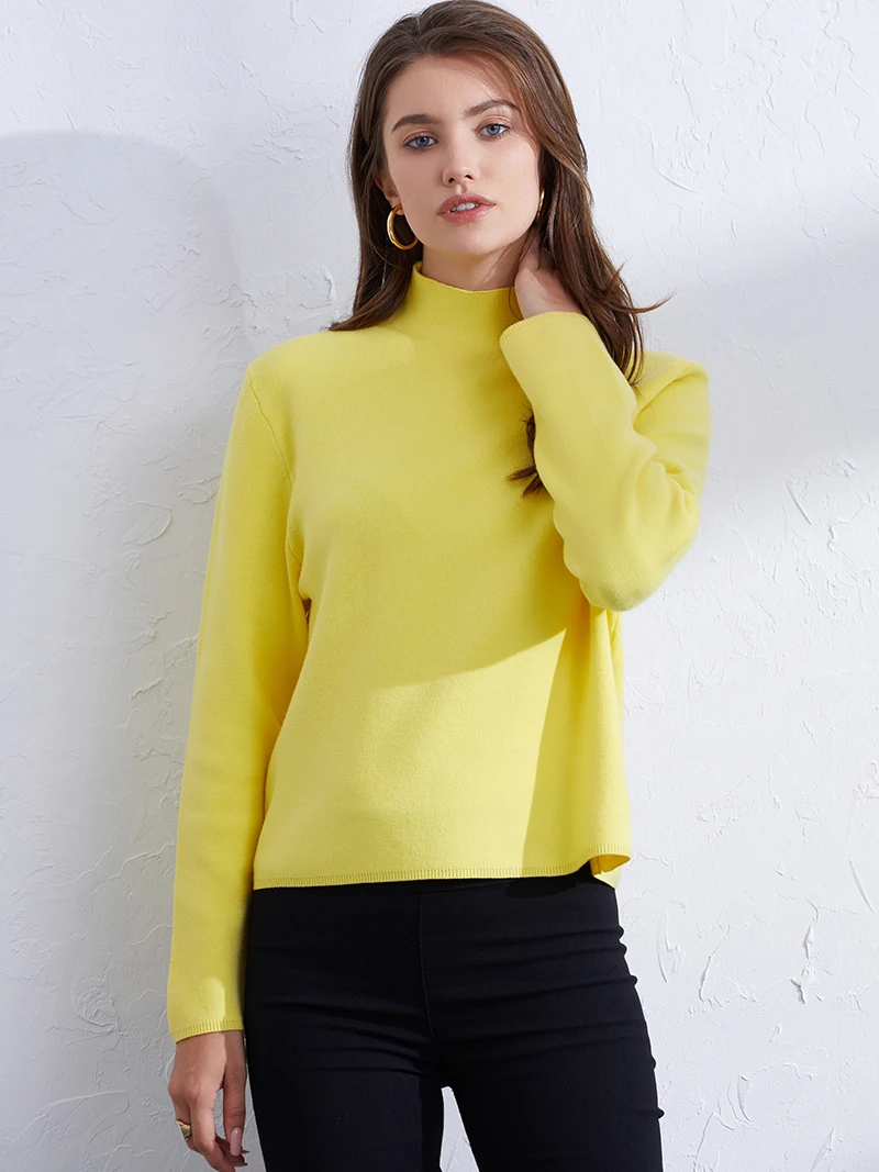 Vintage Pullover Sweater Women Yellow Blue Autumn Mock Neck Cropped Sweater Korean Style Long Sleeve Short Sweater For Women