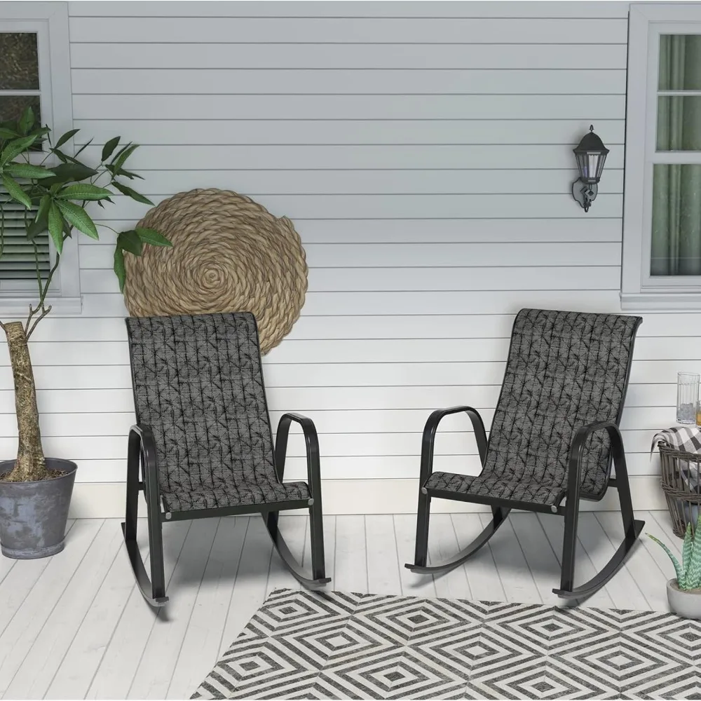 

Outdoor Rocking Chair Mesh Sling Rocking Chair Seating Outside for Front Porch Garden Patio Backyard (Black&Grey Plaid, 2 Piece
