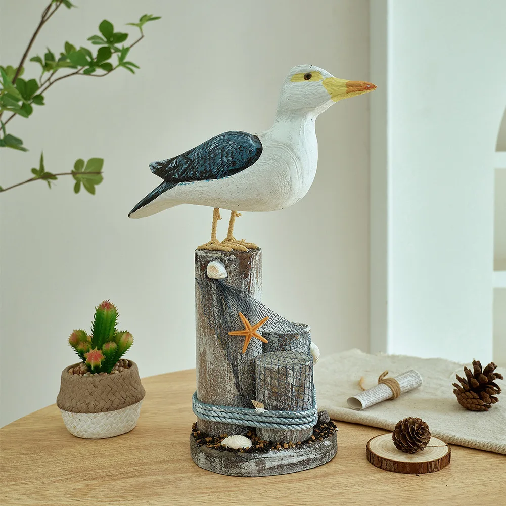 Mediterranean Style Wooden Seagull Figurine Coastal Bird Statue for Indoor Decor 33.5 x 25 cm Natural Wood Finish