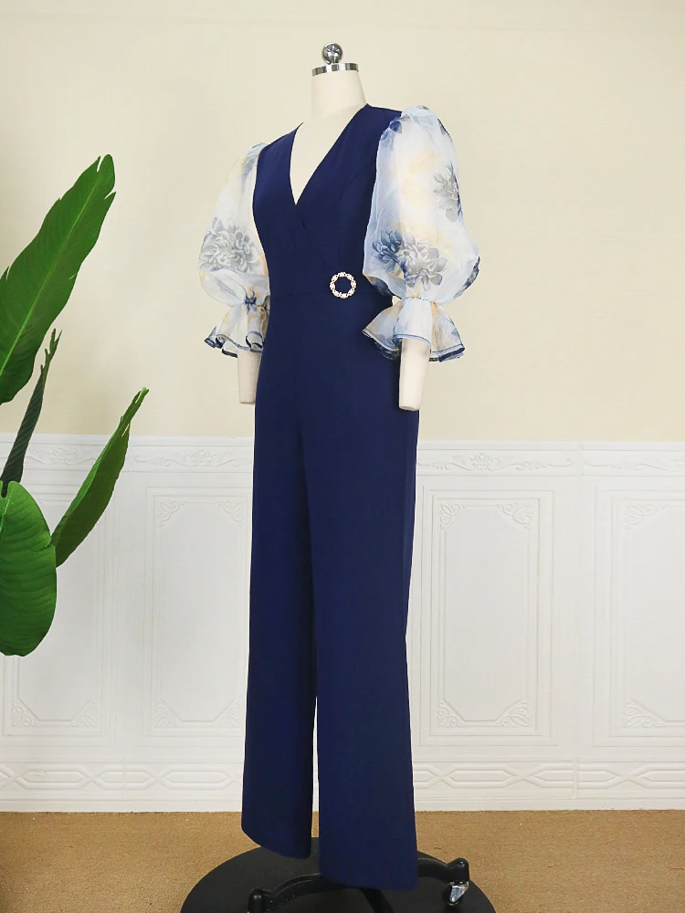 Navy Blue Jumpsuits Sexy V Neck Floral Lantern Sleeve Patchwork One Piece Outfit Bodycon Office Lady Evening Cocktail Party New