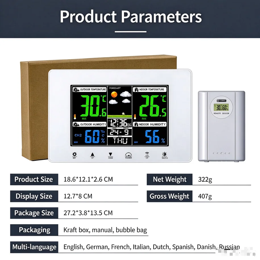 Multifunctional Weather Station Alarm Clock Touch Screen Thermometer Hygrometer Wireless Sensor Sunrise Sunset Hygrothermograph gallery 3