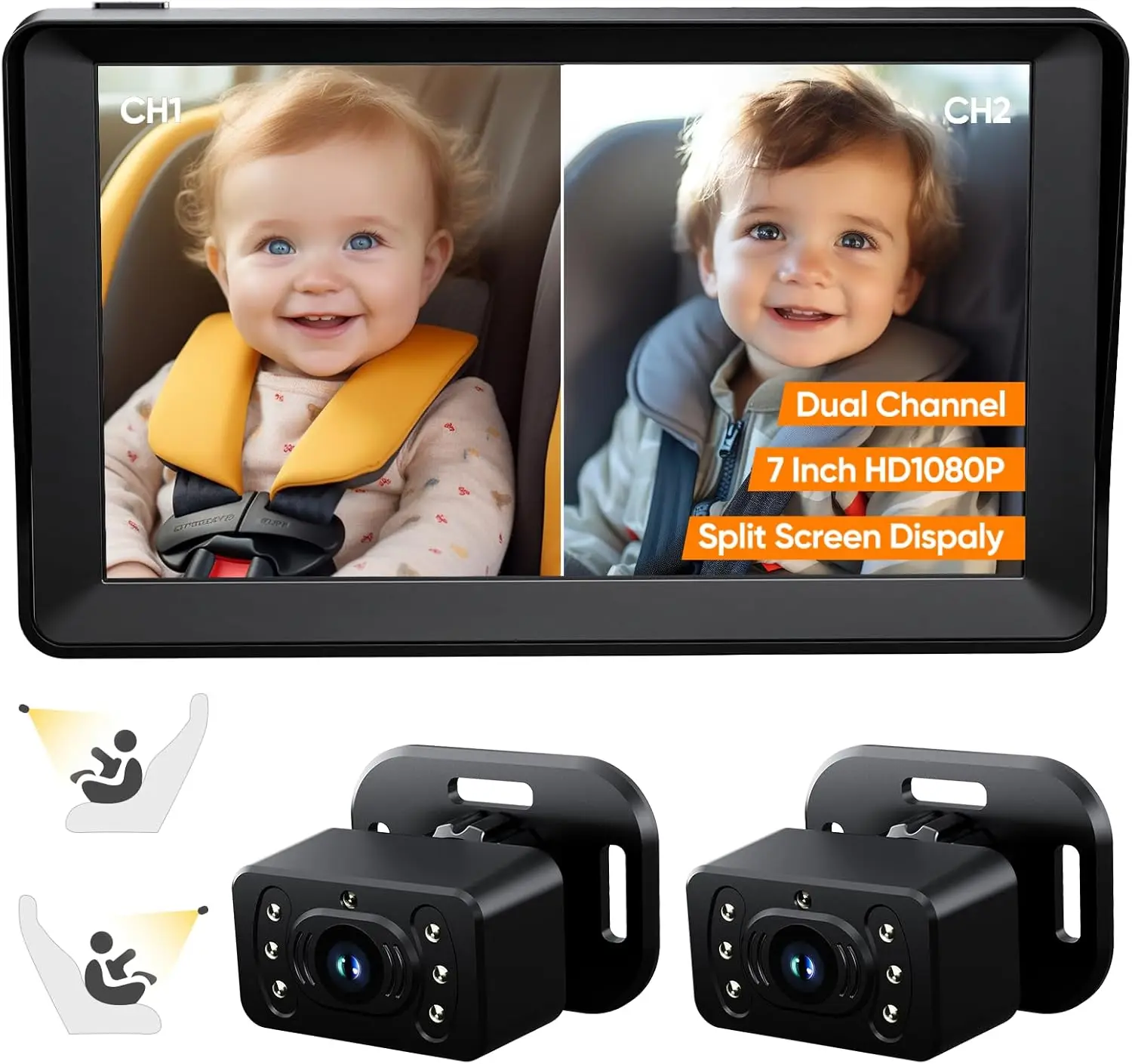 

7-Inch HD1080P Dual Camera Baby Car Monitor with Split Screen, Night Vision & Wide View for Two Kids