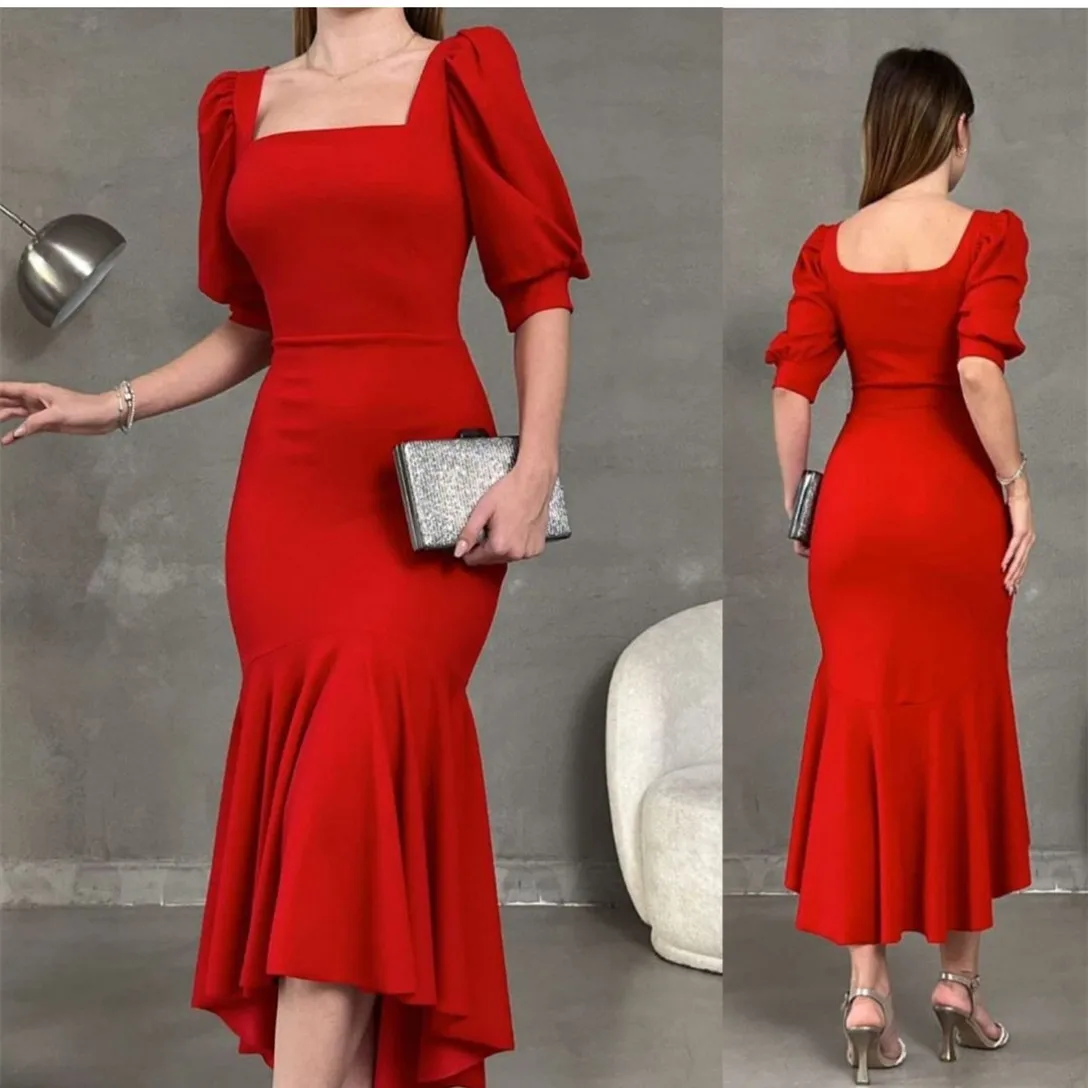 

Jirocum Elegant Short Red Crepe Evening Dresses with Ruffles Mermaid Square Neck Tea Length Prom Dress customized Saudi 2025 New