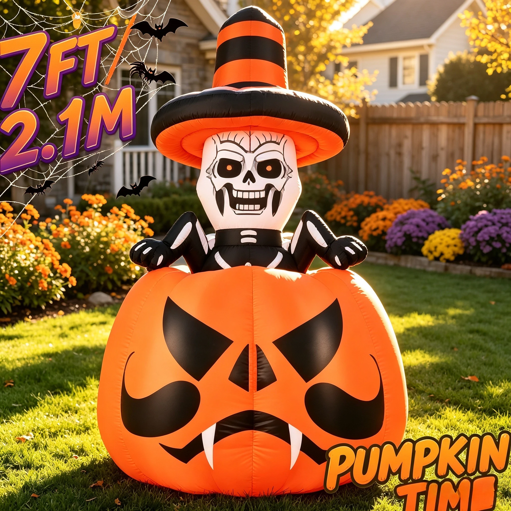 7FT Halloween Inflatable Toys Skeleton Pumpkin, Lighted Blow Up Yard Decoration Built-in LED Outdoor Garden Spooky Holiday Party