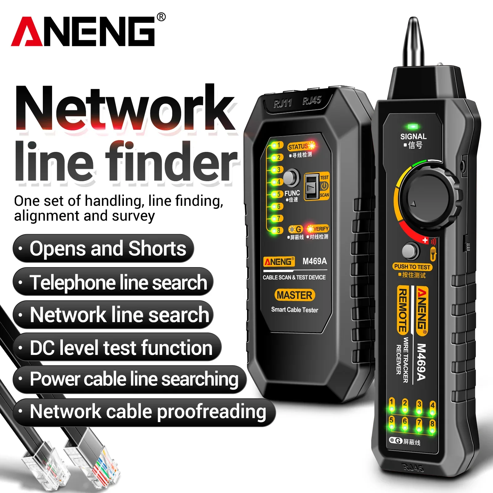 ANENG M469A Network Line Finder RJ45 RJ11 Cable Tracer Adjustable Volume Headset Auto Off Electrician Wiring Maintenance Tool