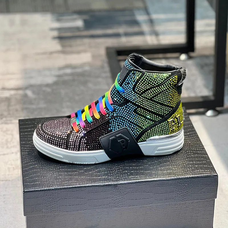Luxury Designer's Autumn Winter New Men's Sneakers Water Diamond High Top Men's Running Shoes Fashion Leather Casual Short Boots