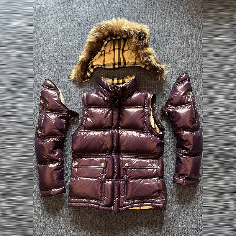 Elegante manga destacável para baixo jaqueta feminina couro brilhante gola de pele acolchoado casaco de algodão 2025 nova moda inverno senhora outwear