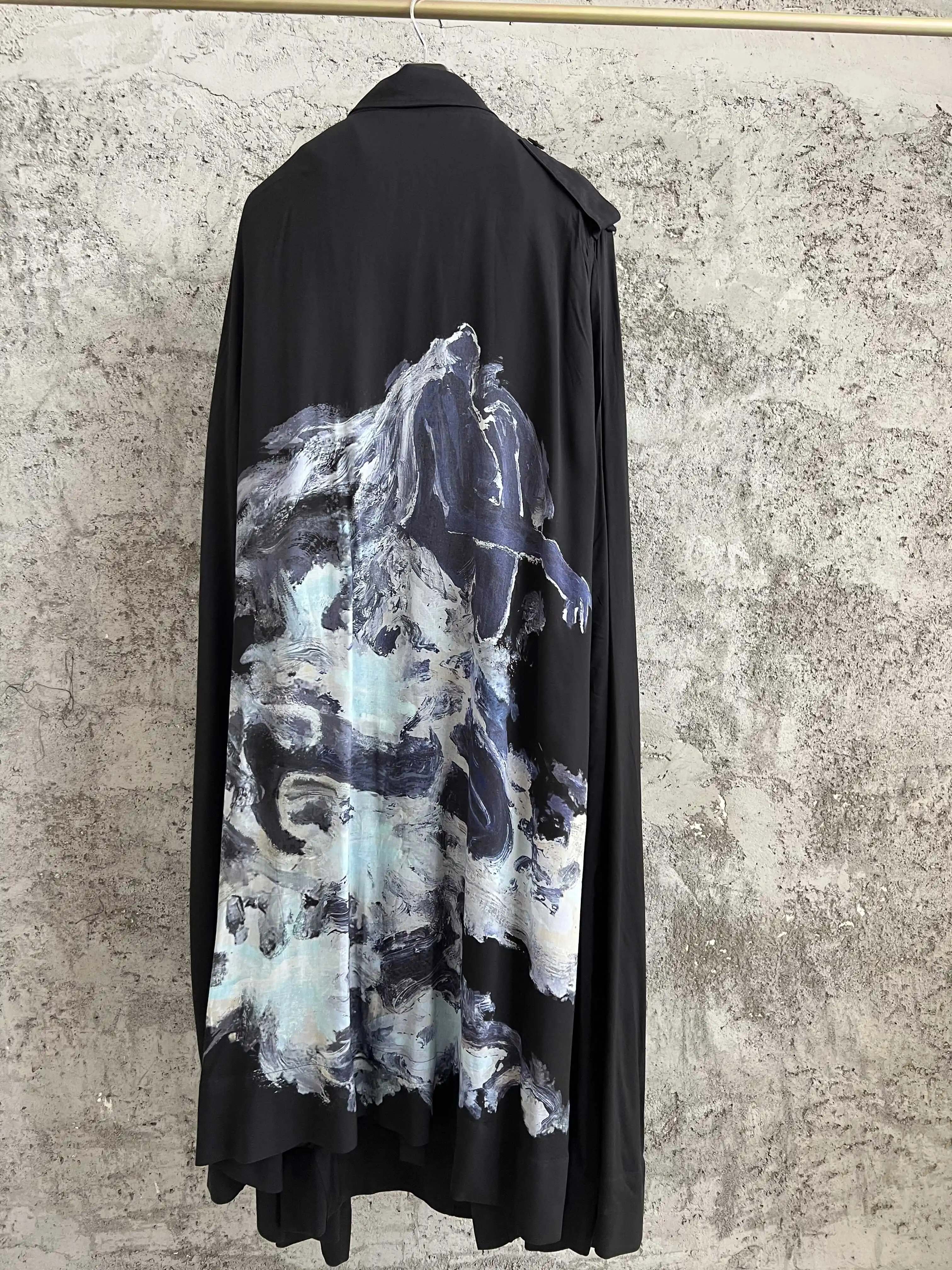 TOP-YAMAMOTO dark style asymmetrical print design hooded cape-style trench coat is loose and trendy