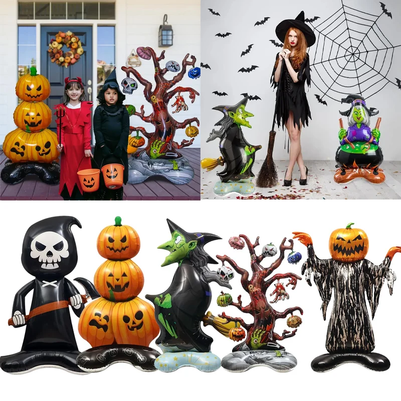 Großer aufblasbarer Halloween-Folienballon, stehender Kürbisbaum mit Hexengeist-Reaper-Design für Party-Dekoration