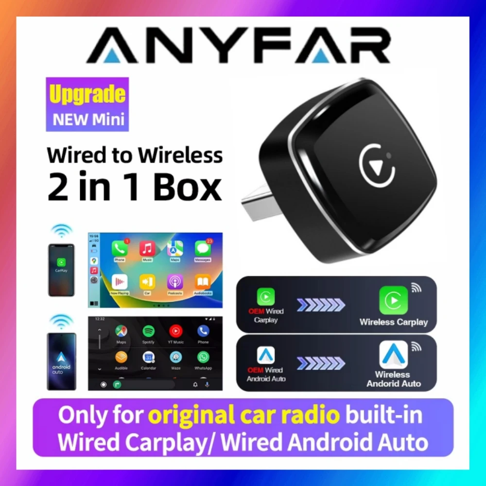 Adaptador 2 em 1 sem fio Carplay Android Auto, adaptador com fio para Carplay sem fio para iPhone, controle sem fio Plug & Play Carplay