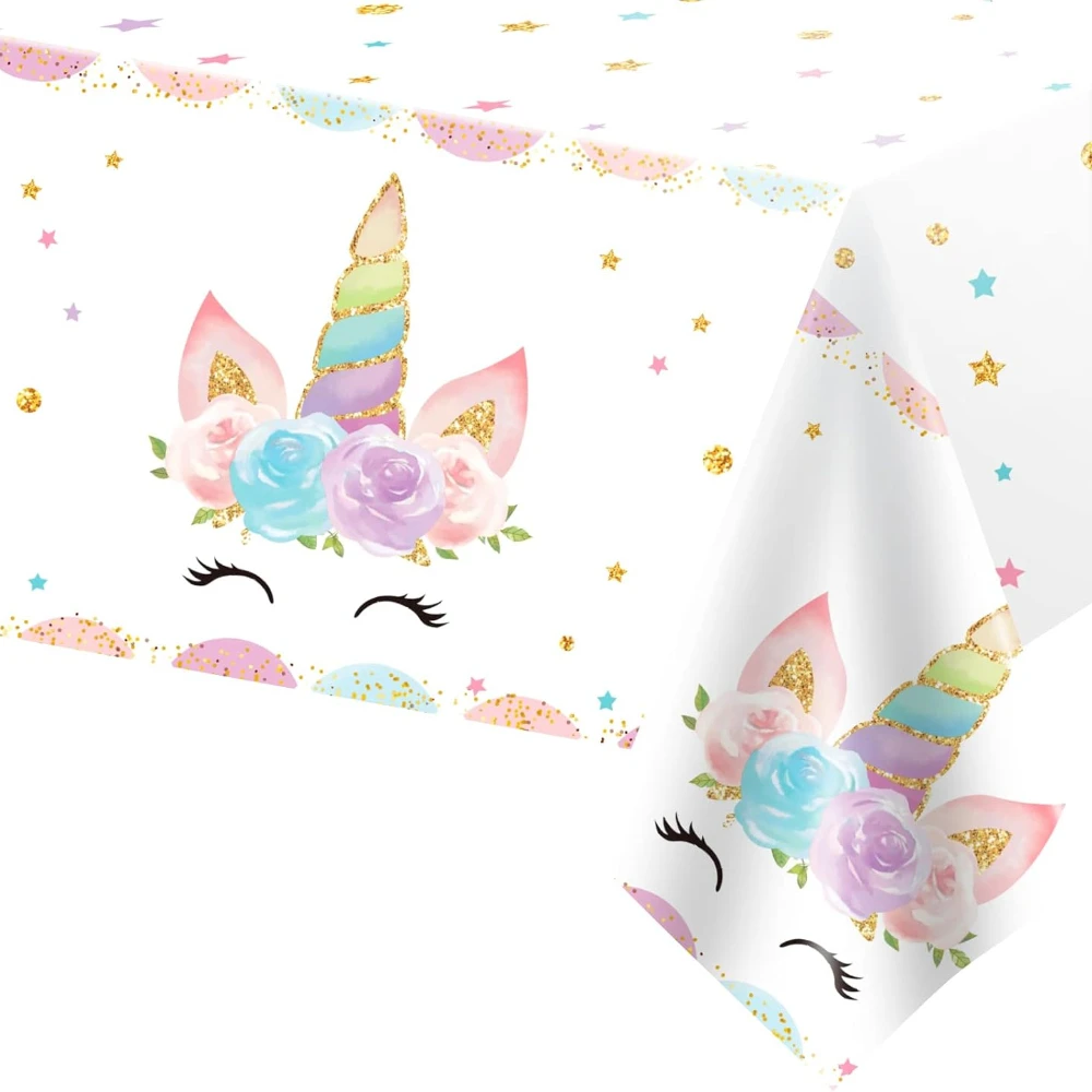 Magical Unicorn Tablecloth 54x108''-Disposable Waterproof Plastic for Girls Birthday&Baby Sprinkle | Glitter Rainbow Party Decor