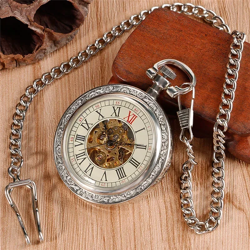 Silver Antique Men Women Skeleton Handwinding Mechanical Pocket Watch Roman Number Dial Fob Chain Relogio De Bolso