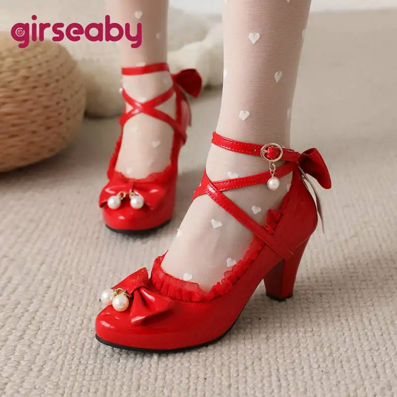 Girseaby Ladies Pumps Lolita Style Pointed Toe Block Heel 7cm Corssover Buckle Strap Bowknot Pearls Small Size 28 29 Sweet Shoe