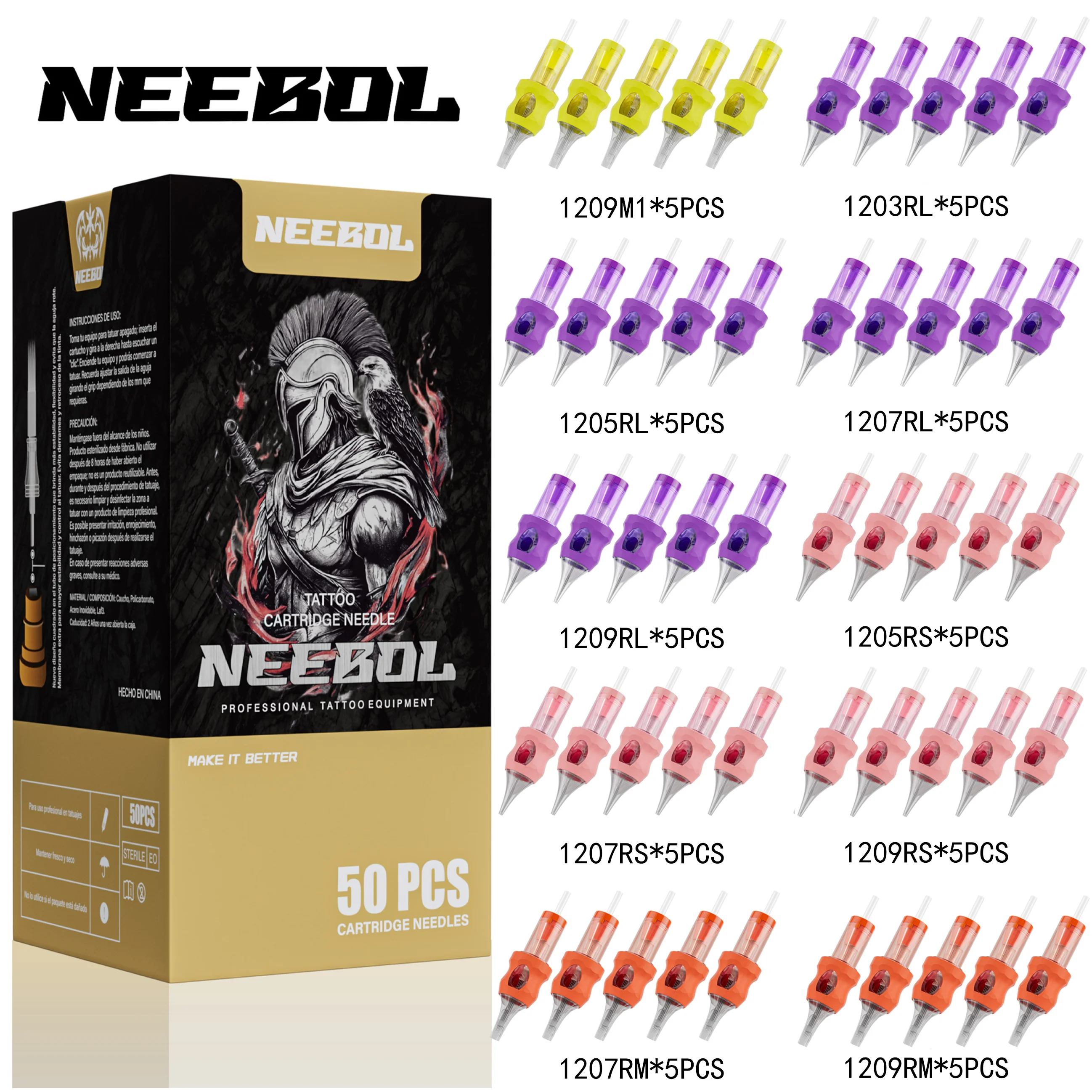 使い捨てのカラフルなタトゥーカートリッジタトゥーマシン用の針直径035mmrmrlm1rs50個