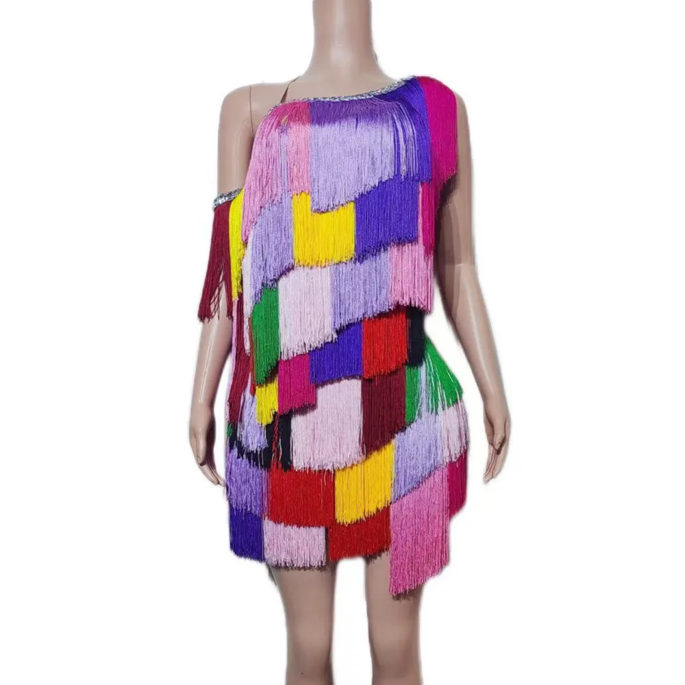 Gradient Multi-color Tassel Single Shoulder Short Dress Bar Women Singer Concert Sexy Stage Wear Birthday Party Club Dresses
