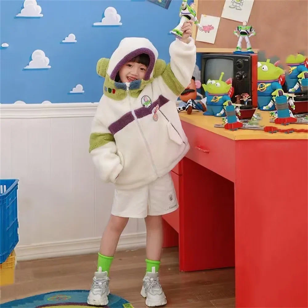 Disney Toy Story Buz Lightyear Cosplay Hooded Cartoon Winter Warm Long Sleeve Loose Lamb Wool Coat Cool Kids Adult Plush Jacket