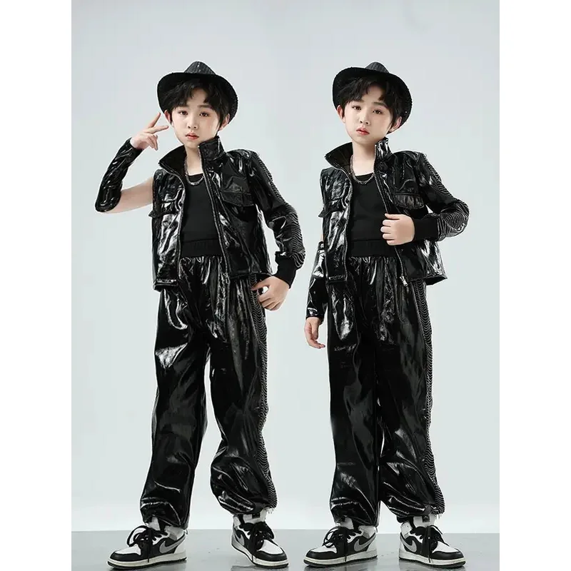 سراويل سترة جلدية سوداء للفتيات والأولاد أزياء الجاز للأطفال ملابس Kpop ملابس الهيب هوب ملابس مهرجان الأداء المسرحي