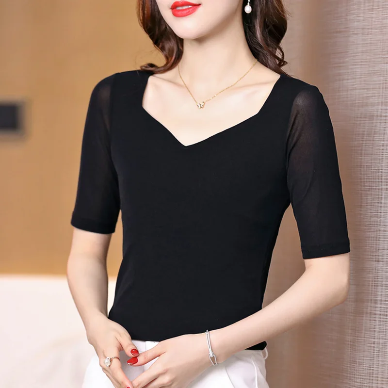 Mesh Half Sleeve T Shirt Women Spring Summer Black Tee Shirts V Neck Tops Femme Stretchy T-Shirts