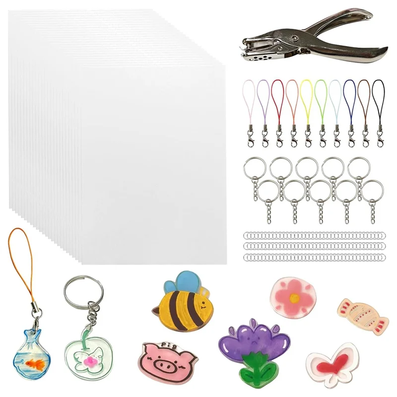 

AC23-146PCS Shrink Sheets Kit,Shrink Paper Keychain Kit With 25PCS Shrink Paper 121PCS Open Iron Ring,Hole Punch
