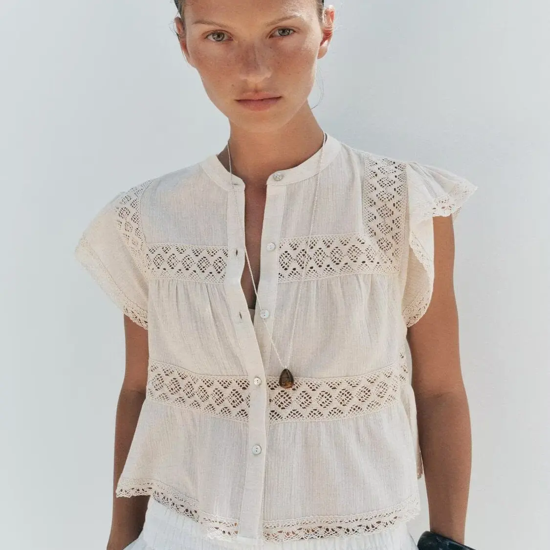 

s Lazy Sle Slimming Straight Stripe Lace Trim Vaion Top Women's Breathable Lightweight ort Sve round Ne S...