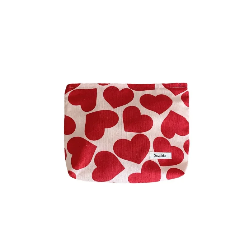 Red Black Green Heart Printed Cosmetic Bags for Women Corduroy Large Makeup  Bags Organizer Travel Phone Toiletry Wash Bags