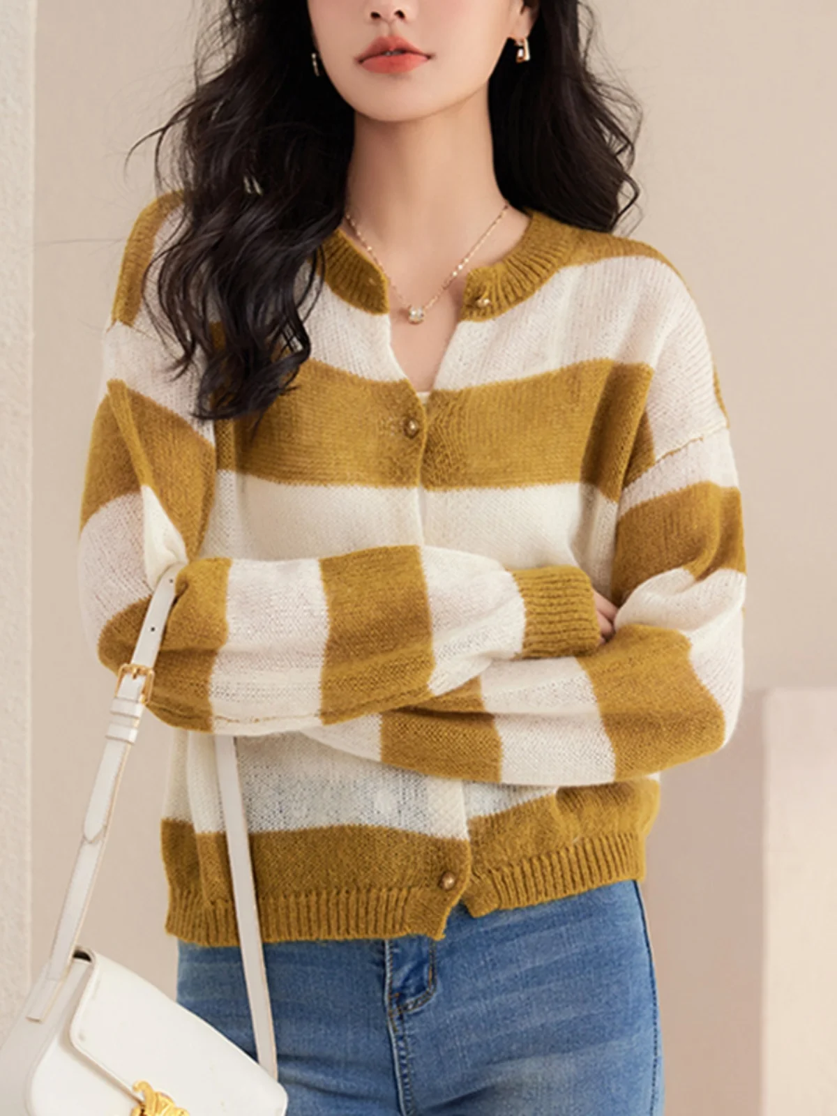 

Модный полосатый кардиган-свитер женский вязаный топ из мериносовой шерсти осенне-зимний новый дизайн свободного кроя с длинными рукавами в уличном стиле