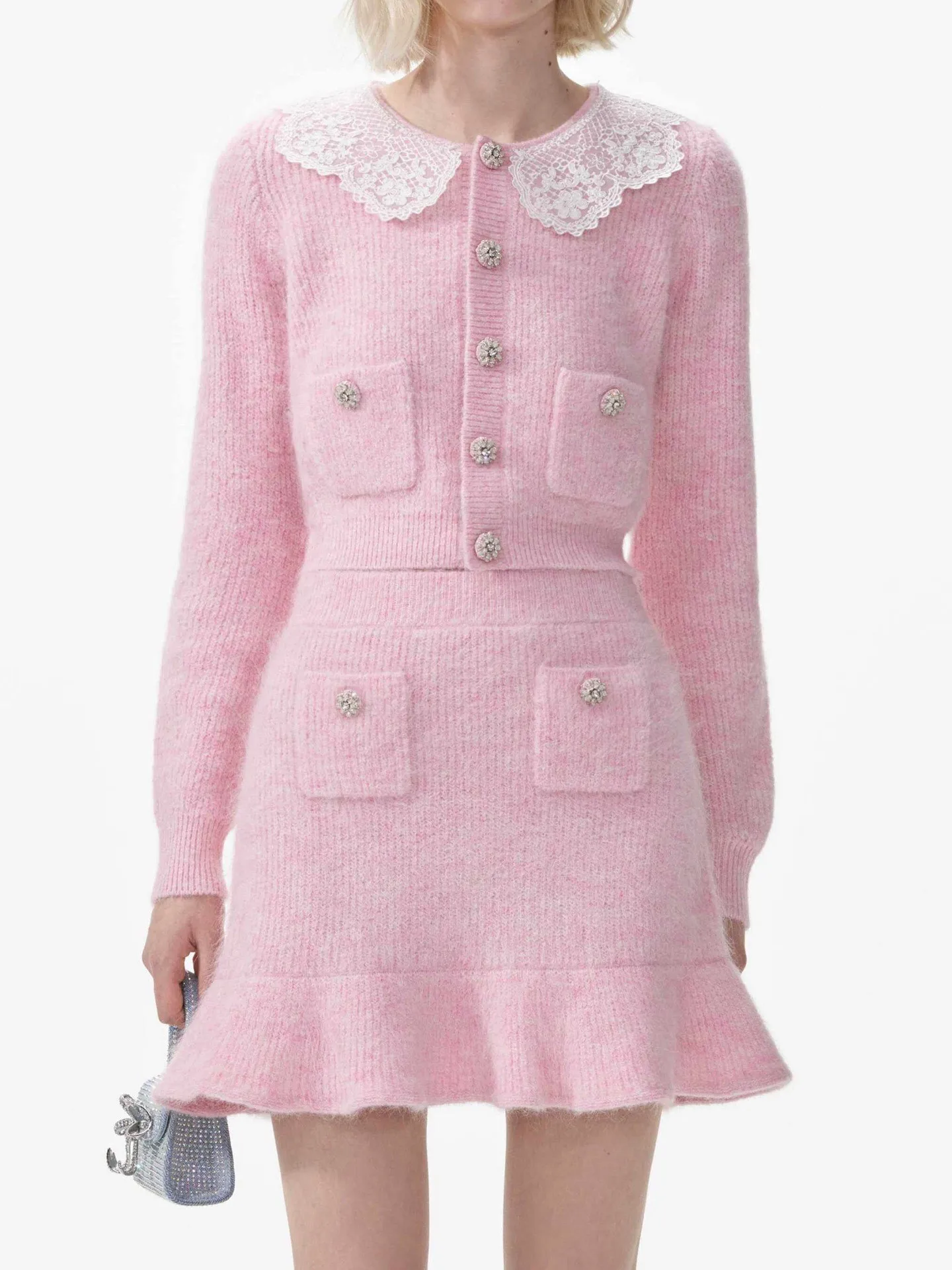 Women Pink Knitted Set Diamond Buttons Ruffles Spliced High Waist Mini Skirt or Lace Stitching O-Neck Long Sleeve Cardigan