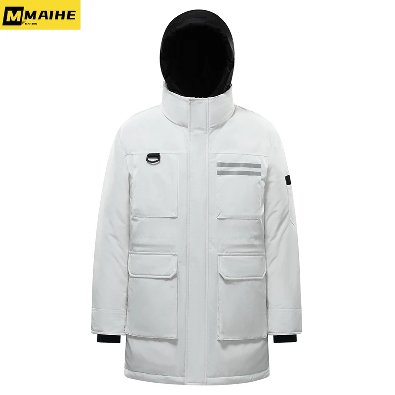 New Winter Jacket Men\'s White Duck Warm Detachable Hooded Jacket Couple\'s Loose Casual Multi Pocket Thickened Padded Work Coat