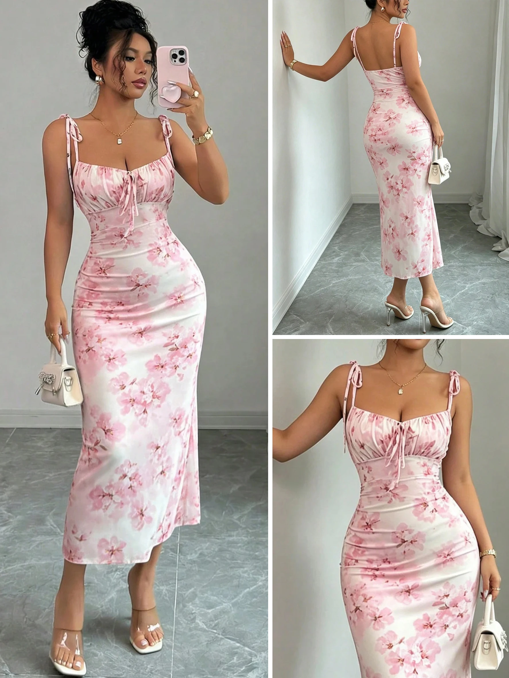 Flowy Pink Cherry Blossom Fishtail Skirt with Adjustable Shoulder Straps + Gathered Bust for a Strong Waist Cinch, Slim Fit, Hip-Hugging Mid-Length Skirt