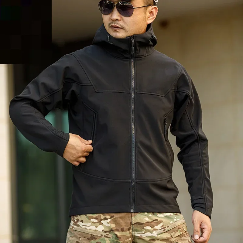 Pop Tactical Soft Shell Jacket Windproof Waterproof Jackets Men New Bomber Flight Pilot Hooded Fleece Coat Outdoor Men Clothes